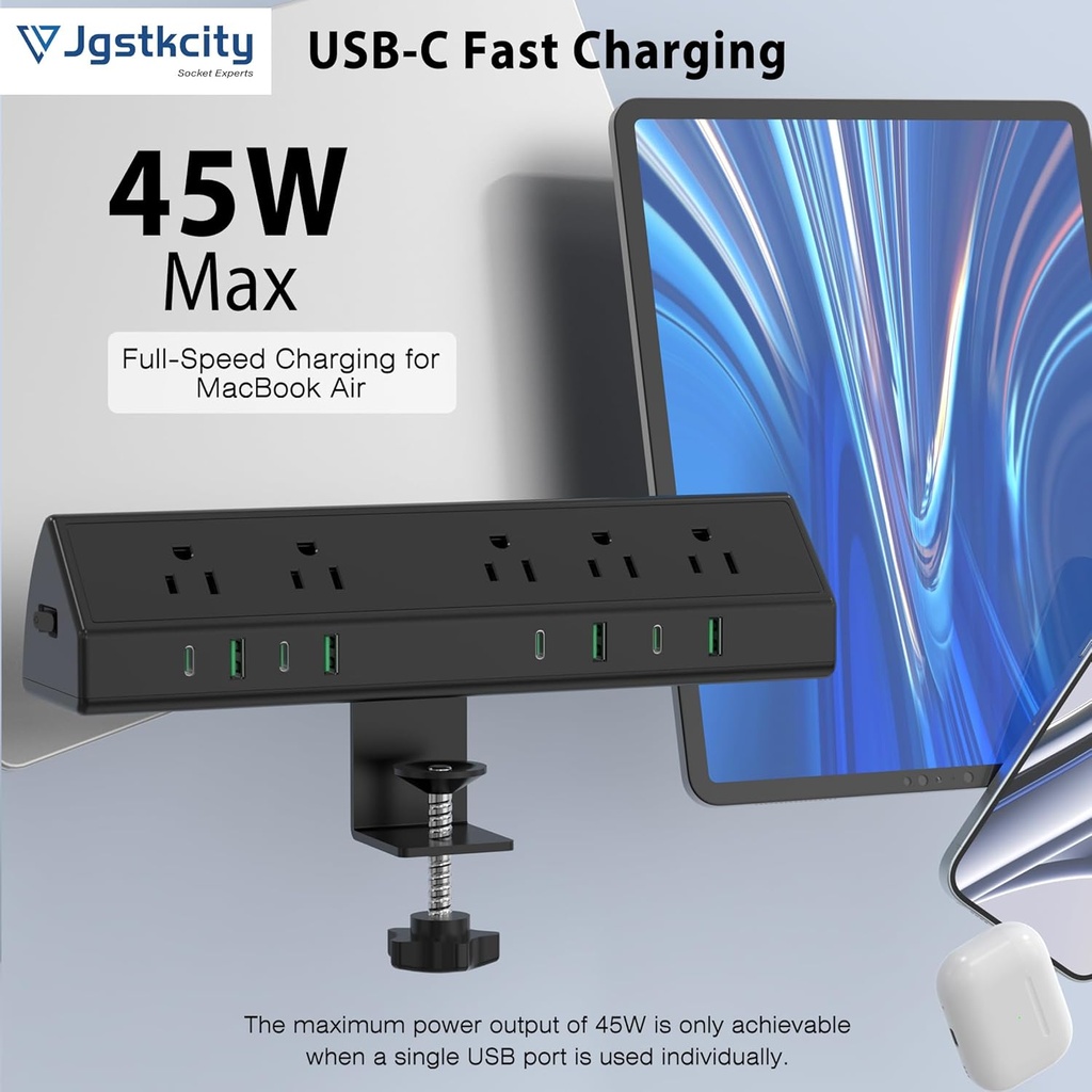 Jgstkcity Regleta de alimentación con abrazadera de escritorio, estación de carga rápida de 45 W, 4 USB-C, 4 USB-A, protector de sobretensiones de montaje en escritorio, cable de extensión de 1875 W 