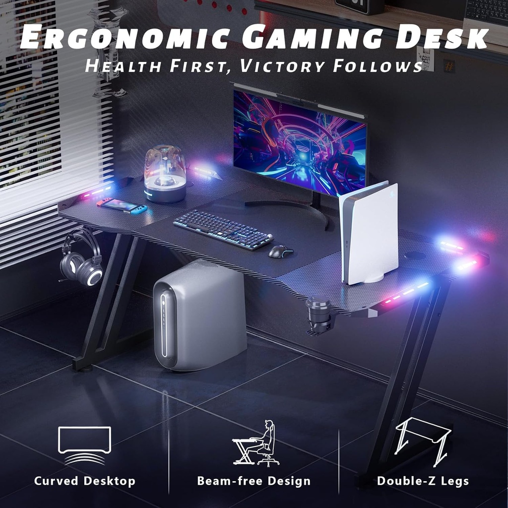 Escritorio Gamer Con Iluminacion LED RGB - Ergonómico 55 Pulgadas