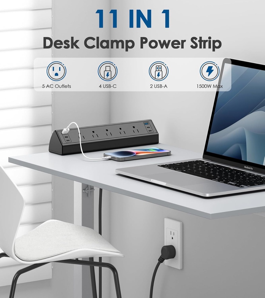 Jgstkcity Regleta de Alimentación con Abrazadera para Escritorio USB C, Estación de Carga Rápida Total de 40W, 4 Puertos USB C PD de 20W, Protector de Sobretensiones de Montaje en Borde de Escritorio 