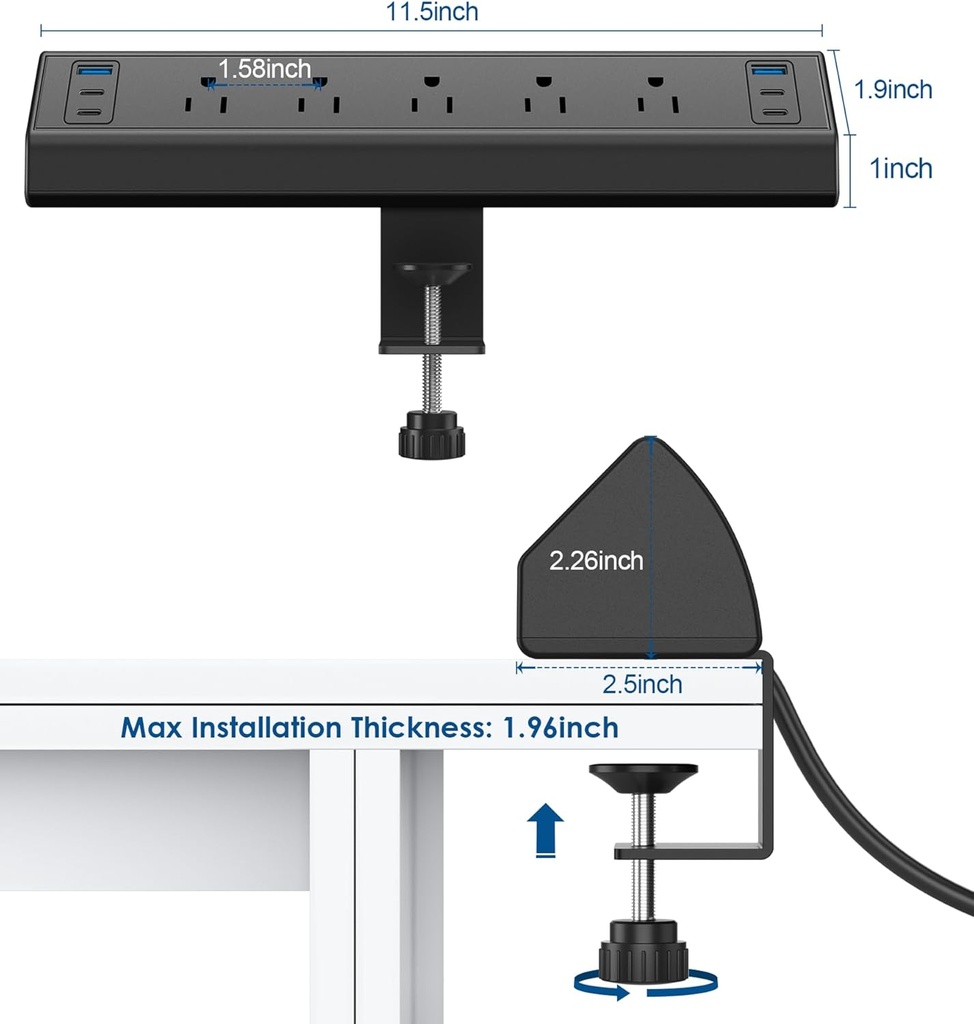 Jgstkcity Regleta de Alimentación con Abrazadera para Escritorio USB C, Estación de Carga Rápida Total de 40W, 4 Puertos USB C PD de 20W, Protector de Sobretensiones de Montaje en Borde de Escritorio 