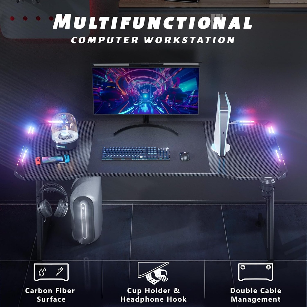 Escritorio Gamer Con Iluminacion LED RGB - Ergonómico 55 Pulgadas