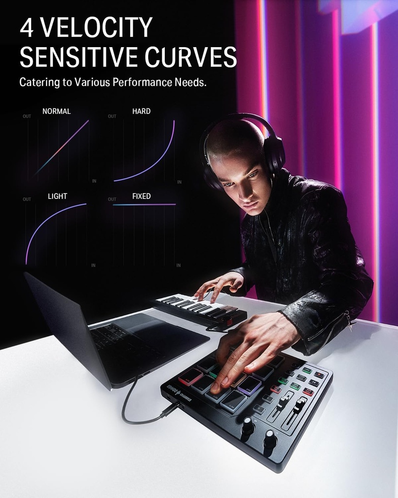 Donner Máquina profesional MIDI Pad Beat Maker, máquina de batería con 16 almohadillas de ritmo, 2 faders y perillas asignables y software de producción de música, controlador MIDI USB con 40 cursos 