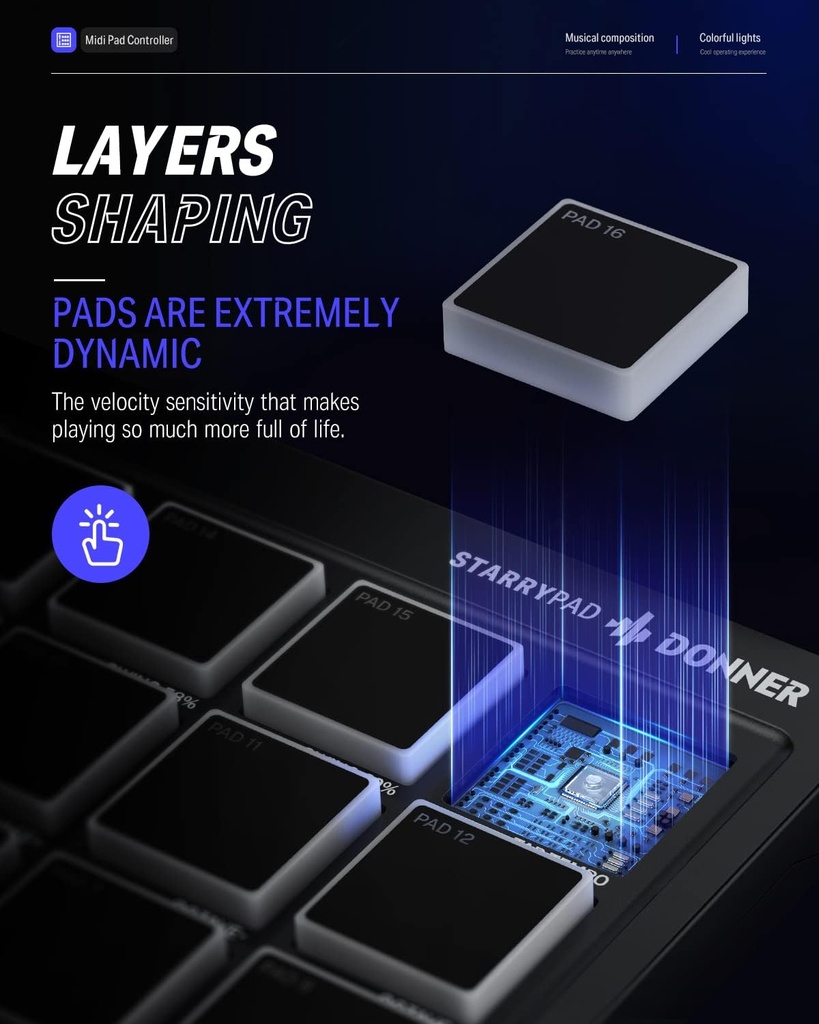 Donner Máquina profesional MIDI Pad Beat Maker, máquina de batería con 16 almohadillas de ritmo, 2 faders y perillas asignables y software de producción de música, controlador MIDI USB con 40 cursos 