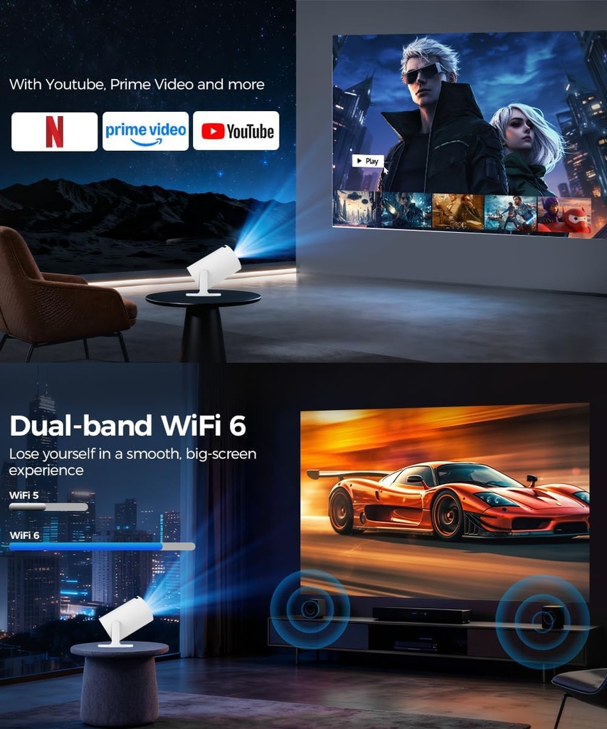 Magcubic HY300PRO Mini proyector con WiFi y Bluetooth, soporte 4K inteligente proyector portátil Keystone automático, control remoto de mouse de aire, control de voz, rotación de 180 grados, proyector