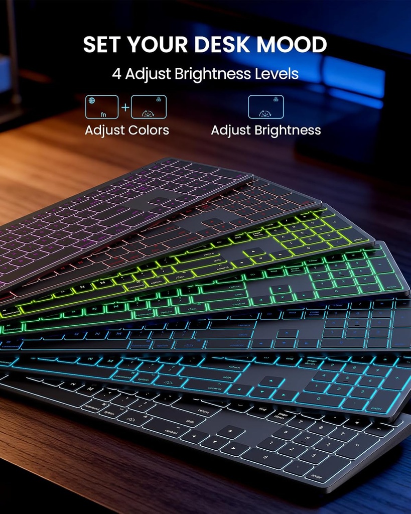 SABLUTE Teclado y mouse Bluetooth para Mac: retroiluminación de 7 colores, multidispositivo, recargable, KMA1pro combo de teclado inalámbrico de tamaño completo con teclas silenciosas de interruptor 