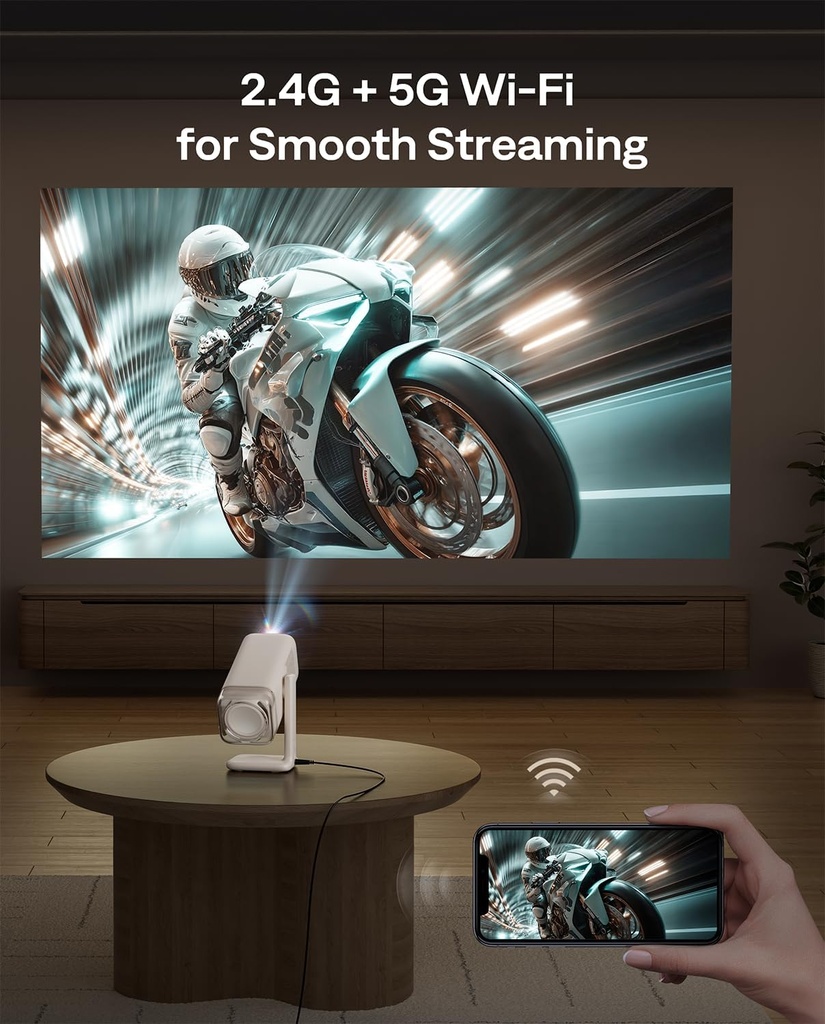 Aurzen BOOM Air - Proyector portátil Google TV con WiFi y Bluetooth, alimentado por USB-C, proyector inteligente para películas al aire libre y en casa, compatible con 4K, enfoque en tiempo real 