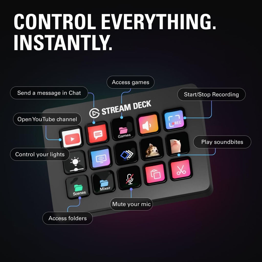  Elgato Stream Deck MK.2 – Controlador de estudio, 15 teclas macro, activa acciones en aplicaciones y software como OBS, Twitch, YouTube y más, funciona con Mac y PC