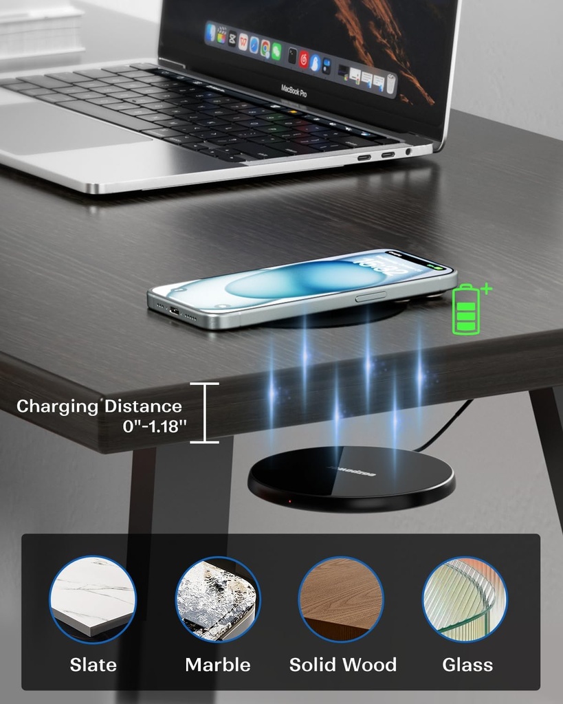 Eazpower Cargador inalámbrico invisible, cargador inalámbrico de 0.000-1.181 in debajo del escritorio, doble uso en o oculto debajo de la mesa de carga para mesita de noche para iPhone 17/17 Pro/17 Pro Max/17 Air/16/15/14/Samsung Phone