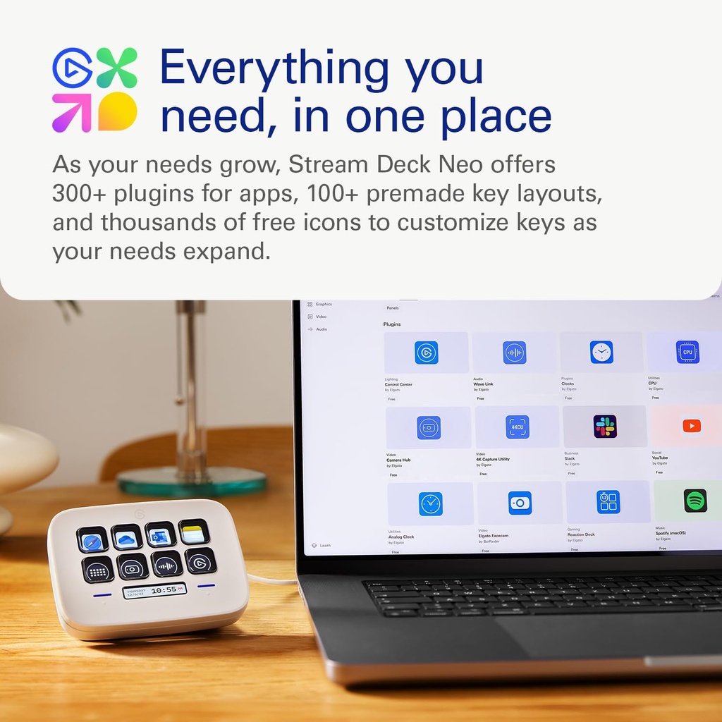 Elgato Stream Deck Neo – 8 teclas personalizables, 2 puntos táctiles, agiliza tareas y flujos de trabajo - Controla Word, Excel, PowerPoint, Teams, Zoom, Spotify y más, configuración de arrastrar y