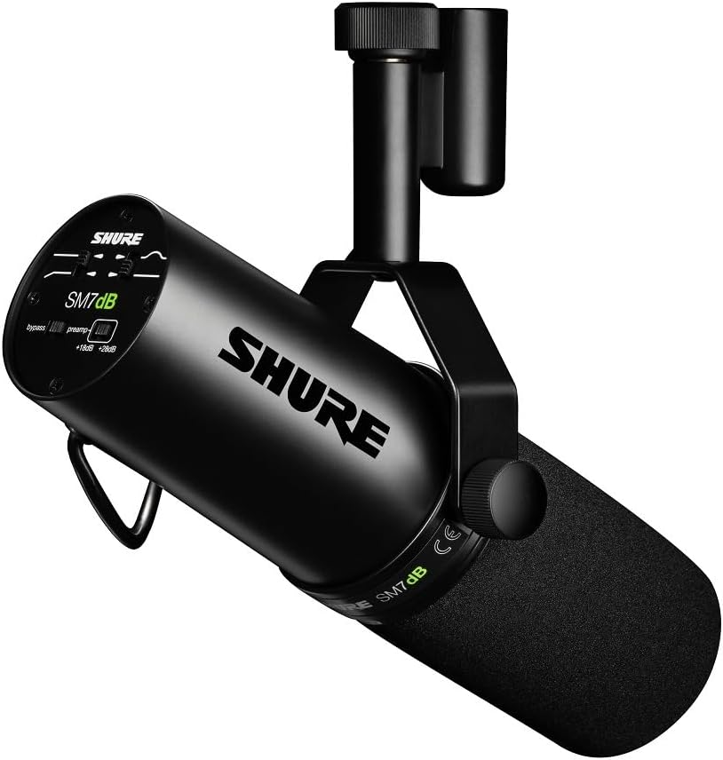 Shure SM7dB - Micrófono vocal dinámico con preamplificador integrado, micrófono de estudio para transmisión, podcasting y grabación, sonido suave, amplio rango de frecuencia, construcción robusta