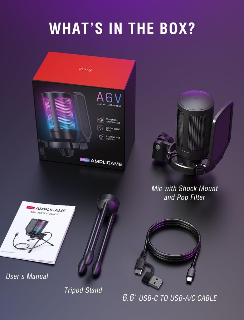 FIFINE Micrófono A6V USB para juegos para PC PS5,micrófono de condensador con silencio rápido.