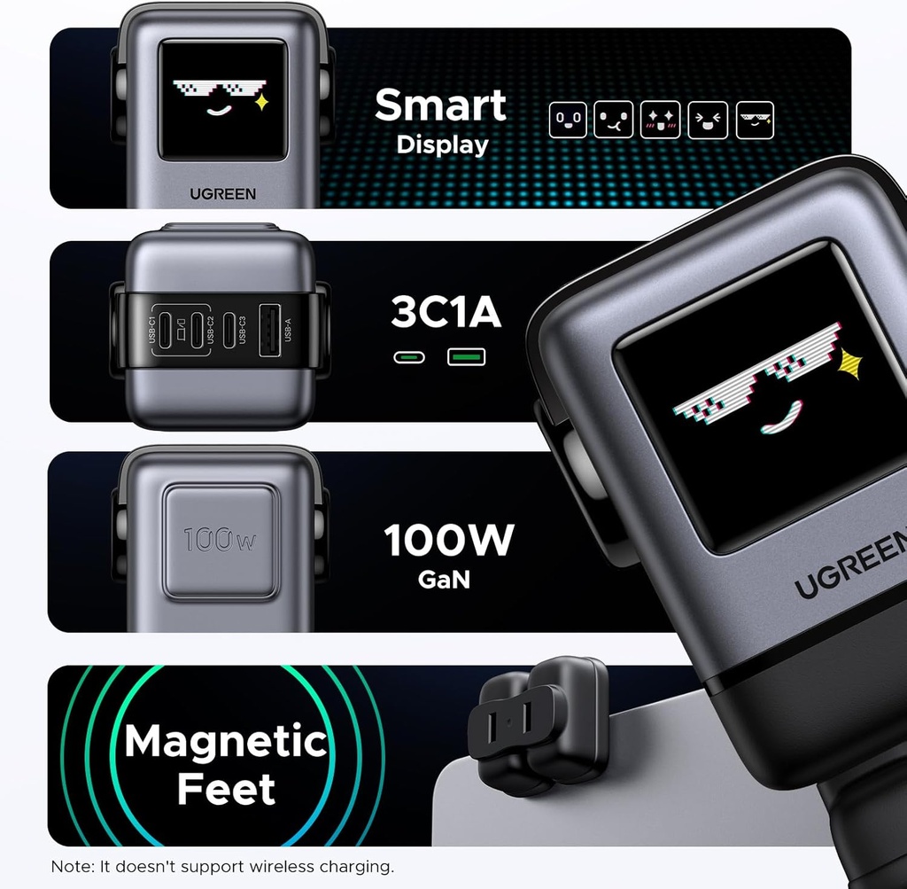 UGREEN Uno - Cargador USB C de 100 W, cargador rápido GaN de 4 puertos con pantalla LED, regalos tecnológicos para hombres y mujeres, para MacBook Pro/Air 2025, iPad Pro, iPhone 17/16, Galaxy S25/S24