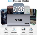 SSK 512GB SSD Disco Duro Externo, SSD Portátil Hasta 550MB/s Unidades de Estado Sólido Externas, USB 3.2 Gen2 para iPhone 15/16 Pro, Win, Mac, Android con Luz LED, Trim, Soporte Inteligente 