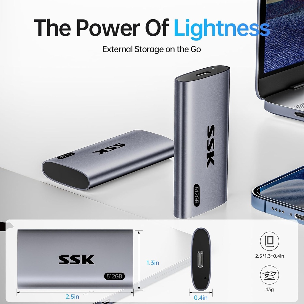 SSK 512GB SSD Disco Duro Externo, SSD Portátil Hasta 550MB/s Unidades de Estado Sólido Externas, USB 3.2 Gen2 para iPhone 15/16 Pro, Win, Mac, Android con Luz LED, Trim, Soporte Inteligente 