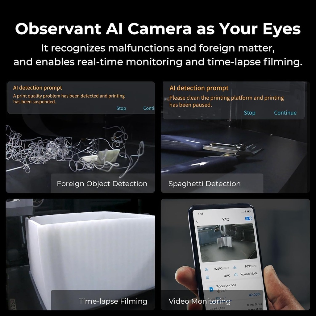 Creality K1C Impresora 3D, Nivelación Automática de Alta Velocidad de 600mm/s, Extrusora Directa Robusta Libre de Obstrucciones K1 SE Impresora 3D Actualizada con Cámara AI, Soporte de Modo Silencioso