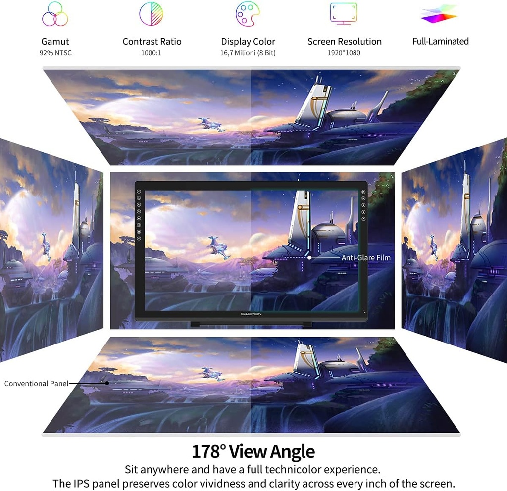 GAOMON PD2200 Tableta de dibujo con pantalla, laminada con 8 botones táctiles, 130% sRGB, tableta gráfica de 21.5