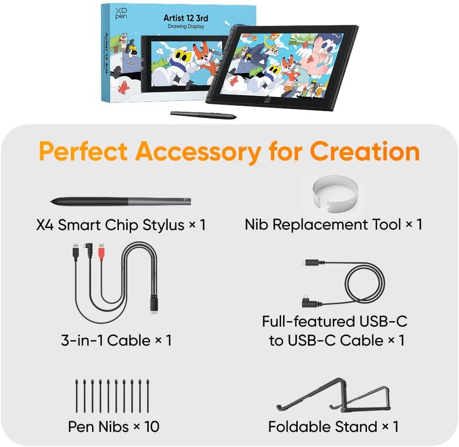 XPPen Artist 12 3rd 11.9" Tableta de dibujo con pantalla | Lápiz X4 16K de presión | Ruedas de ajuste + 8 teclas | Tableta de dibujo de arte portátil con vidrio grabado AG compatible con Windows/macOS