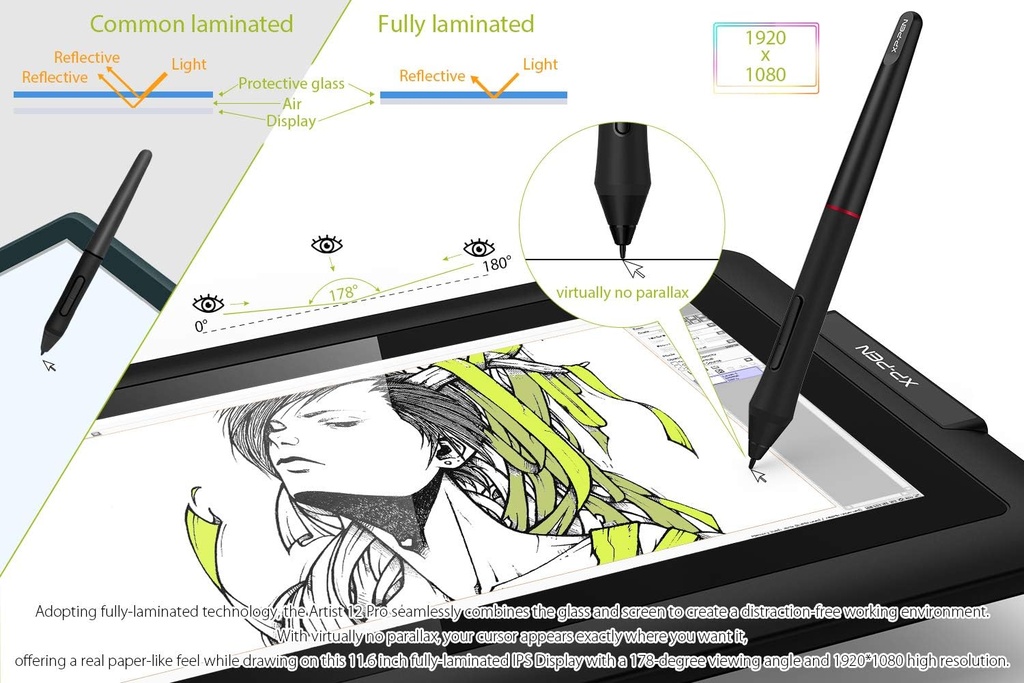 XPPen Artist12 Pro - Tableta de dibujo de 11.6 pulgadas con pantalla para lápiz, tableta gráfica totalmente laminada con función de inclinación, lápiz óptico sin batería y 8 teclas de acceso directo