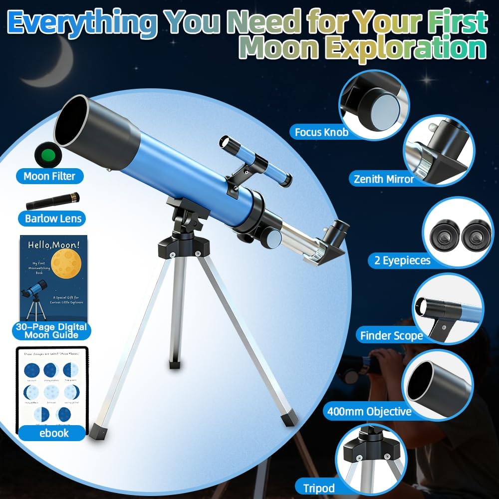 Telescopio para niños de 1.969 in, 100 aumentos, telescopio para principiantes con trípode, 2 oculares y alcance de búsqueda, regalo educativo STEM para niños y niñas de 6 a 12 años, telescopio portátil para niños para astronomía 