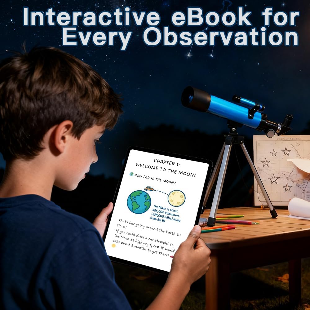 Telescopio para niños de 1.969 in, 100 aumentos, telescopio para principiantes con trípode, 2 oculares y alcance de búsqueda, regalo educativo STEM para niños y niñas de 6 a 12 años, telescopio portátil para niños para astronomía 