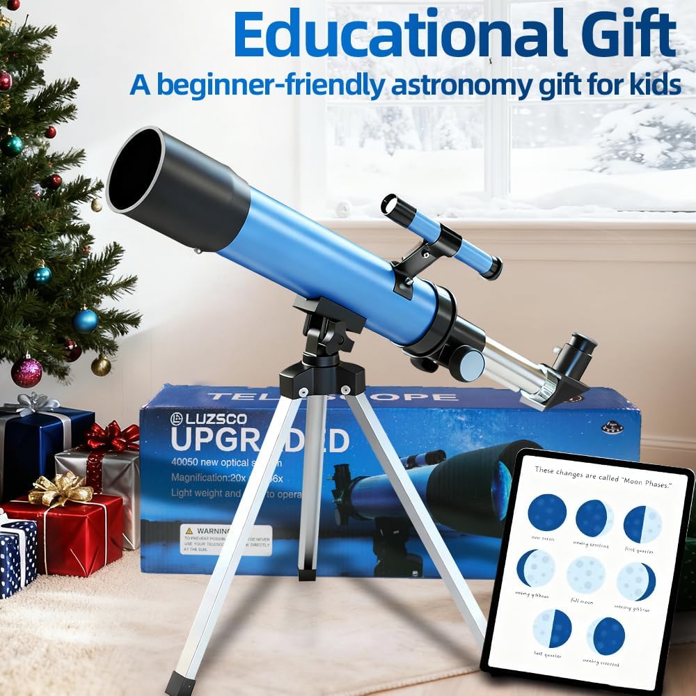 Telescopio para niños de 1.969 in, 100 aumentos, telescopio para principiantes con trípode, 2 oculares y alcance de búsqueda, regalo educativo STEM para niños y niñas de 6 a 12 años, telescopio portátil para niños para astronomía 
