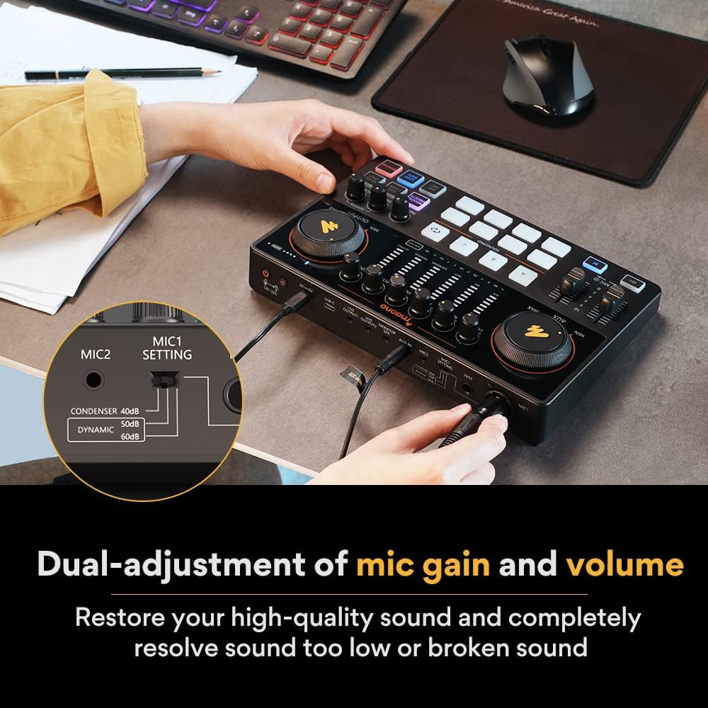 MAONO Paquete de equipo de podcast con interfaz de audio y micrófono de condensador XLR, MaonoCaster con alimentación fantasma de 48 V, Bluetooth para podcast, transmisión, voz en off, youtube, PC 