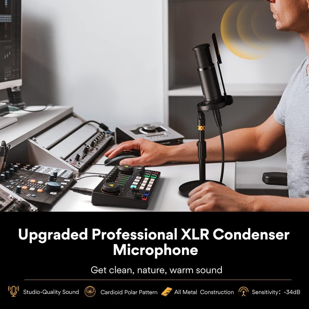MAONO Paquete de equipo de podcast con interfaz de audio y micrófono de condensador XLR, MaonoCaster con alimentación fantasma de 48 V, Bluetooth para podcast, transmisión, voz en off, youtube, PC 