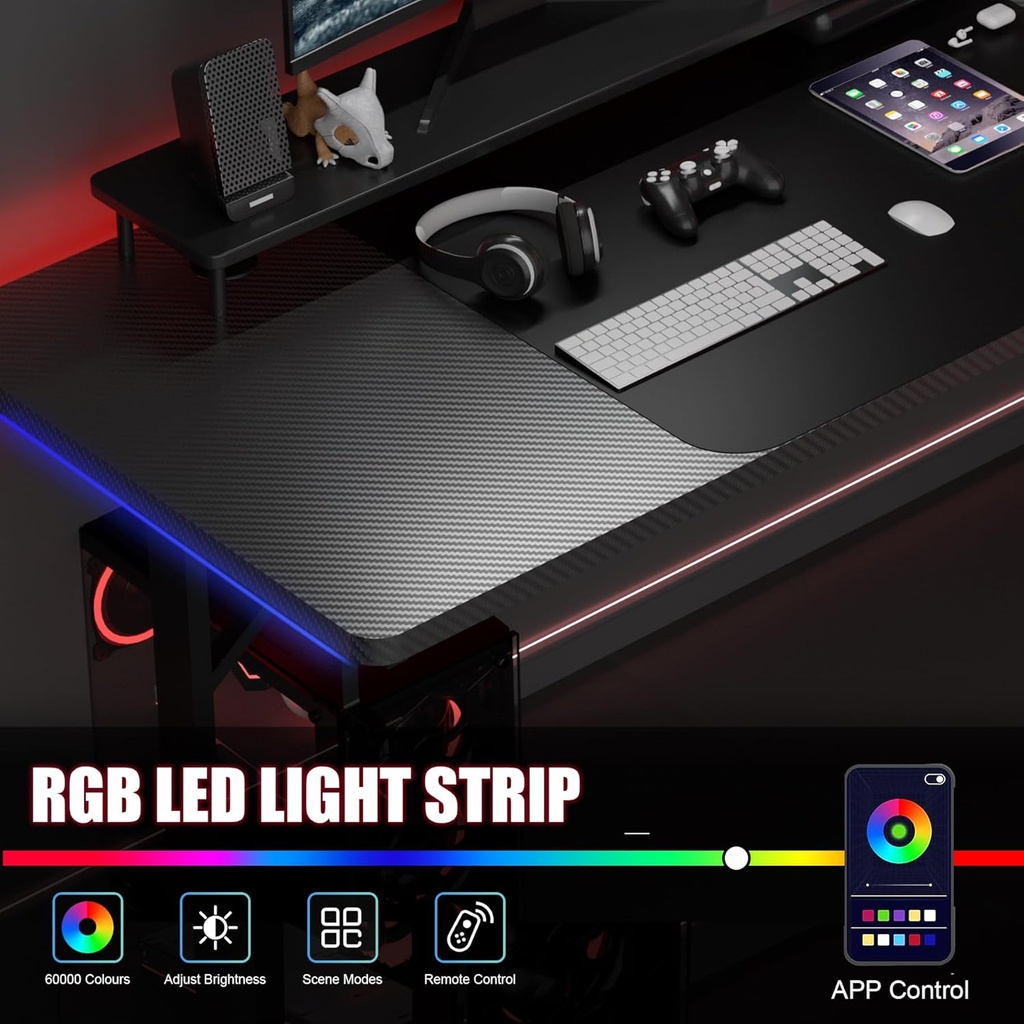GTRACING Escritorio para juegos de 55 pulgadas con luces LED, escritorio grande para computadora con alfombrilla para mouse para oficina en casa, superficie de fibra de carbono en forma de T
