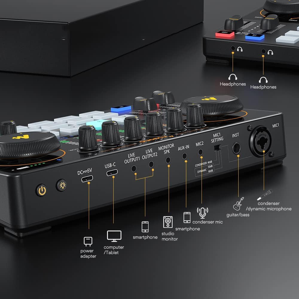 MAONO Paquete de equipo de podcast con interfaz de audio y micrófono de condensador XLR, MaonoCaster con alimentación fantasma de 48 V, Bluetooth para podcast, transmisión, voz en off, youtube, PC 