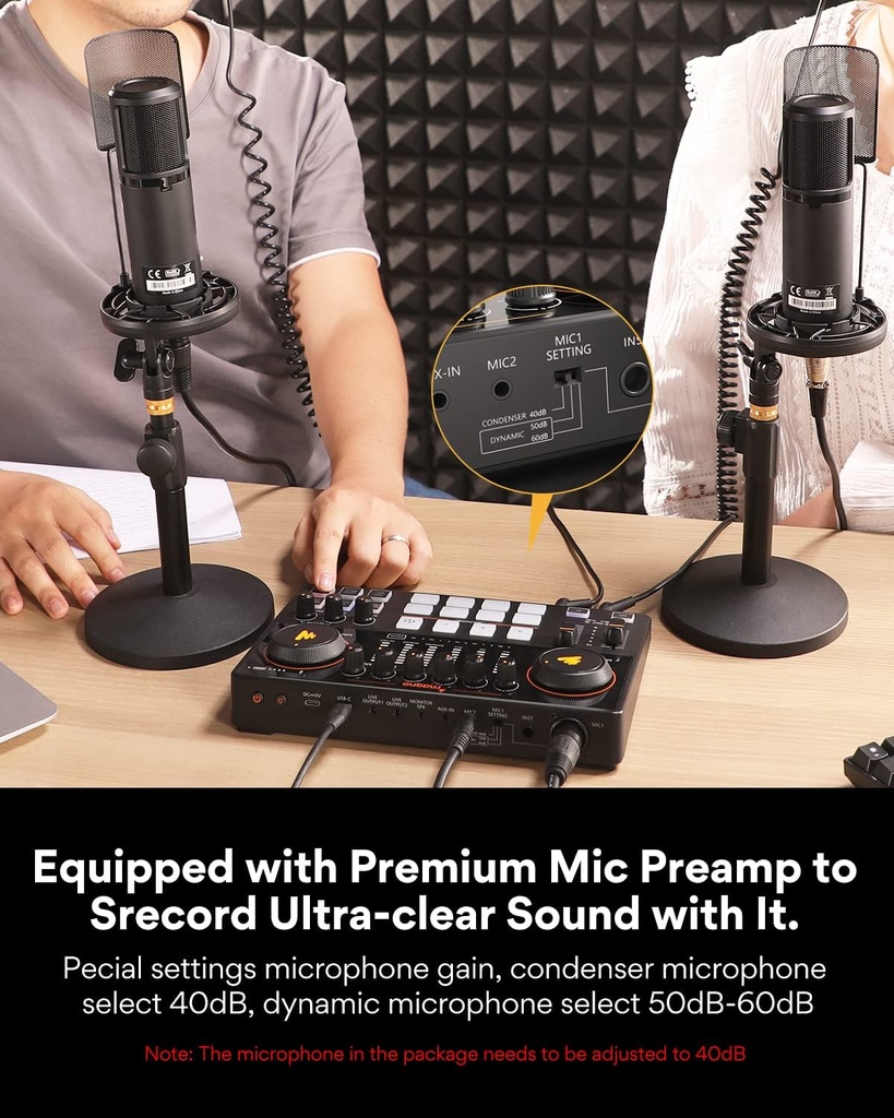 MAONO-MaonoCaster-Paquete de equipo para pódcast para 2-incluye interfaz de audio todo en uno con preamplificador de micrófono premium, micrófono de condensador XLR y micrófono de 3,5 mm para