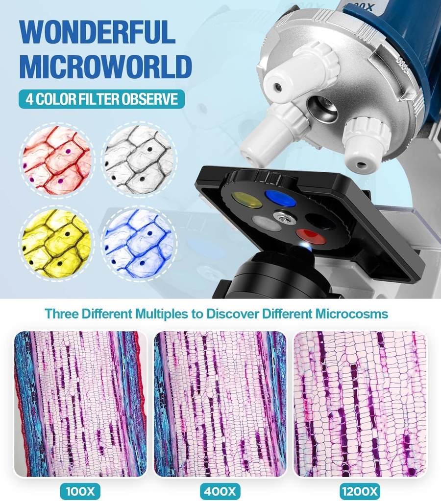 Kit de microscopio para niños de 58 piezas, aumento de 100X-1200X, cuerpo de metal, luz LED, caja de transporte, juguete de experimento científico para niños de 5 a 12 años 