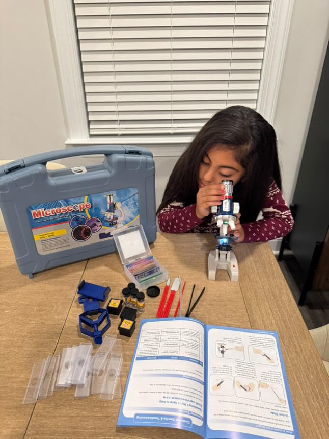 Kit de microscopio para niños de 58 piezas, aumento de 100X-1200X, cuerpo de metal, luz LED, caja de transporte, juguete de experimento científico para niños de 5 a 12 años 