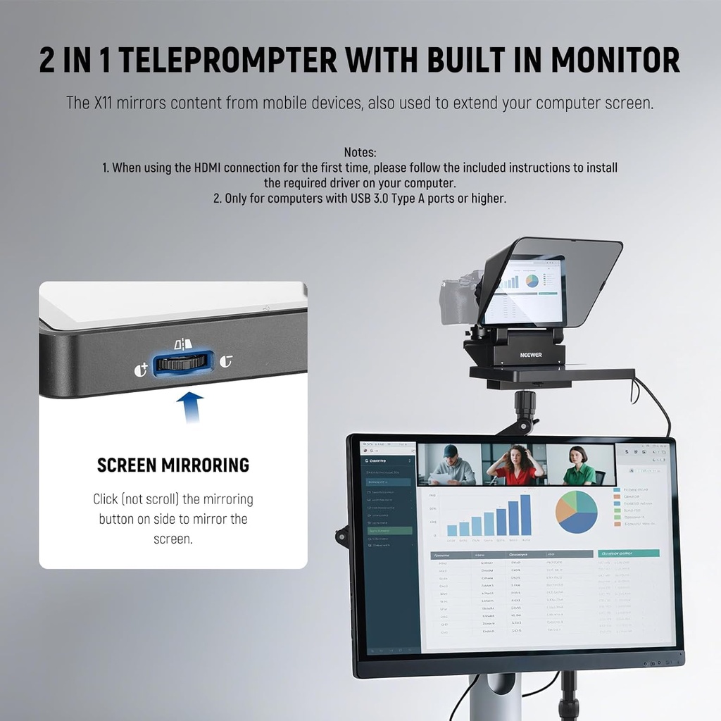 NEEWER Teleprompter 2 en 1 de 11 pulgadas con monitor para Windows MacOS, compatible con duplicación de pantalla, indicador portátil para cámara, teléfono móvil, cámara web para YouTube Twitch Live Streaming Conference, X11 