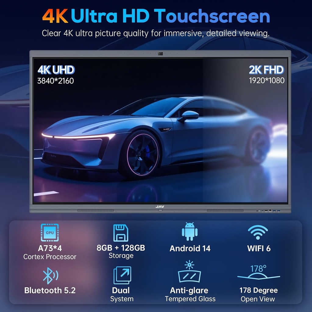 JAV Pizarra blanca interactiva para aula, oficina, hogar, 4K UHD 8+128GB pantalla táctil Smartboard con sistema operativo Android con licencia EDLA integrado y ecosistema de aplicaciones abiertas, Wi-Fi y Bluetooth 