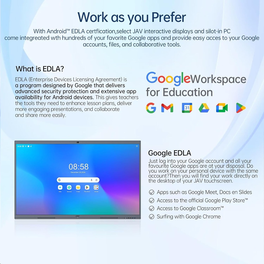 JAV Pizarra blanca interactiva para aula, oficina, hogar, 4K UHD 8+128GB pantalla táctil Smartboard con sistema operativo Android con licencia EDLA integrado y ecosistema de aplicaciones abiertas, Wi-Fi y Bluetooth 