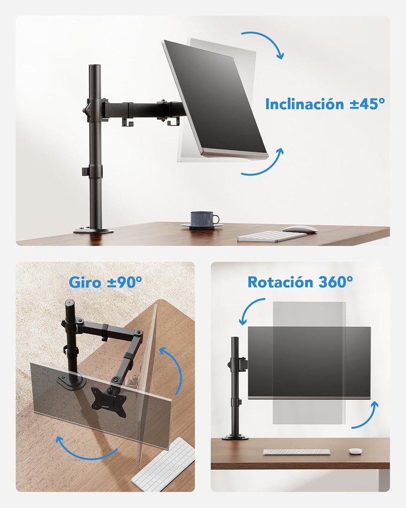 HUANUO Soporte para monitor único, brazo de monitor para monitores de 13"-32" de hasta 17.6 libras, soporte de monitor ajustable con altura máxima de 16", soporte de escritorio con abrazadera en C y