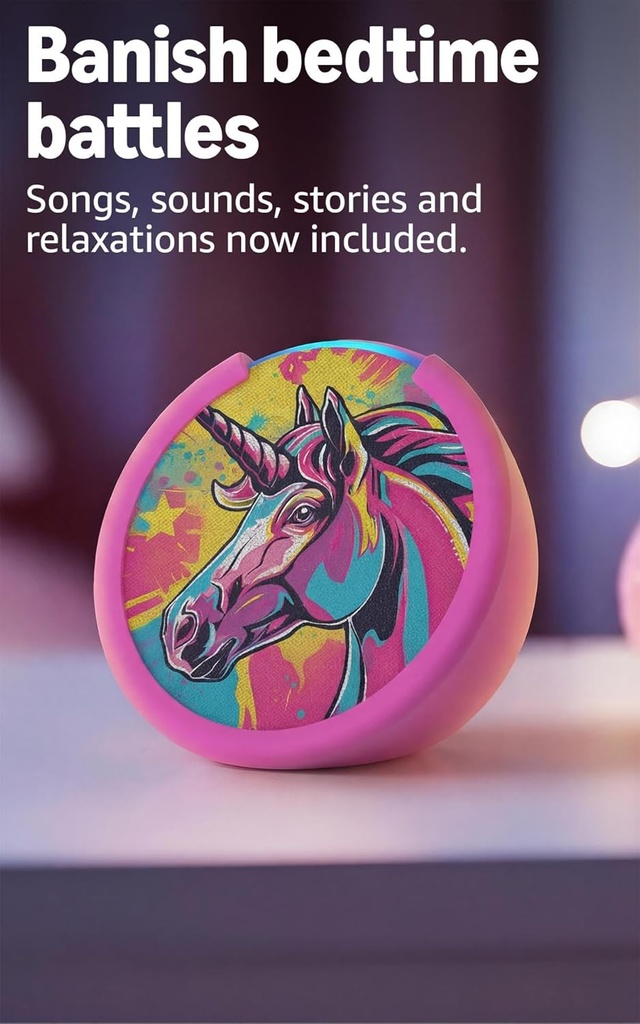 Amazon Echo Pop Kids (modelo más reciente), Disfruta audiolibros apropiados para su edad, juegos interactivos y experiencias Alexa+ para crear y aprender, diseño Unicorn 