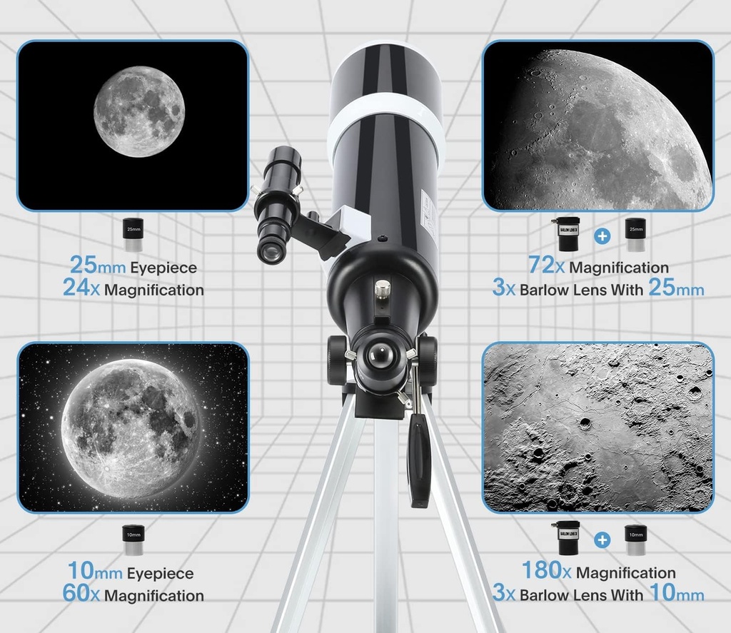 Telescopio para astrónomos adultos y principiantes - apertura de 80 mm, 600 mm con revestimiento de alta transmisión de revestimiento múltiple completo con montura AZ, adaptador para teléfono, trípode 
