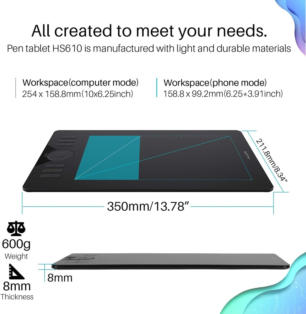HUION Tableta de dibujo HS610 con lápiz óptico sin batería 8192 función de inclinación de presión