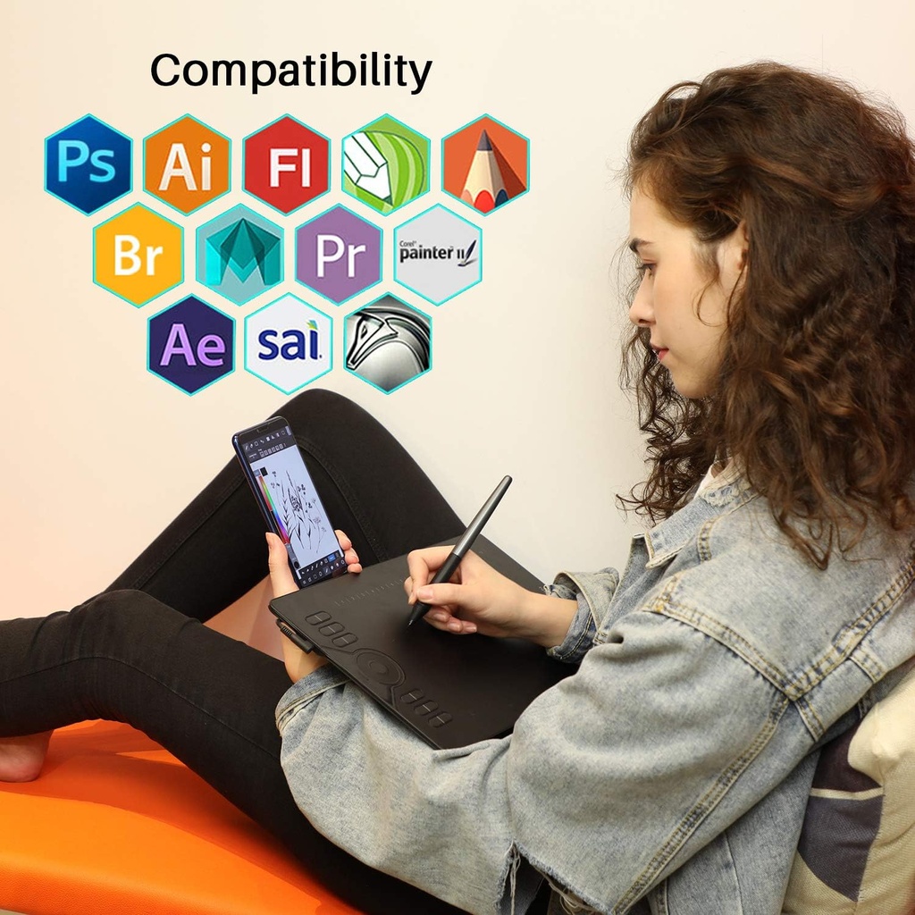 HUION Tableta de dibujo HS610 con lápiz óptico sin batería 8192 función de inclinación de presión