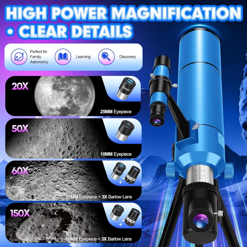 Telescopio para adultos y niños, apertura de 80 mm, 500 mm (20X-150X) Telescopio refractor profesional para principiantes de astronomía, telescopios portátiles de viaje con trípode 