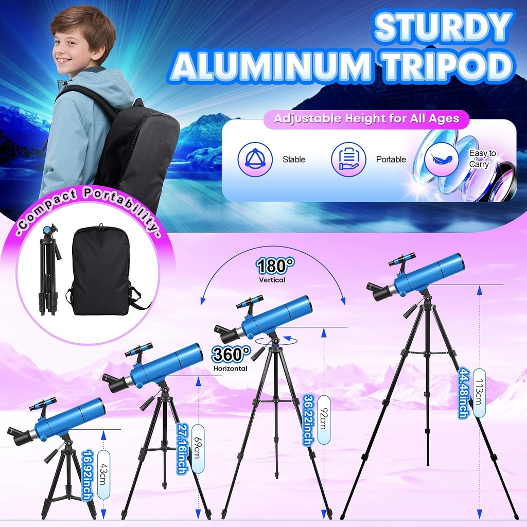 Telescopio para adultos y niños, apertura de 80 mm, 500 mm (20X-150X) Telescopio refractor profesional para principiantes de astronomía, telescopios portátiles de viaje con trípode 
