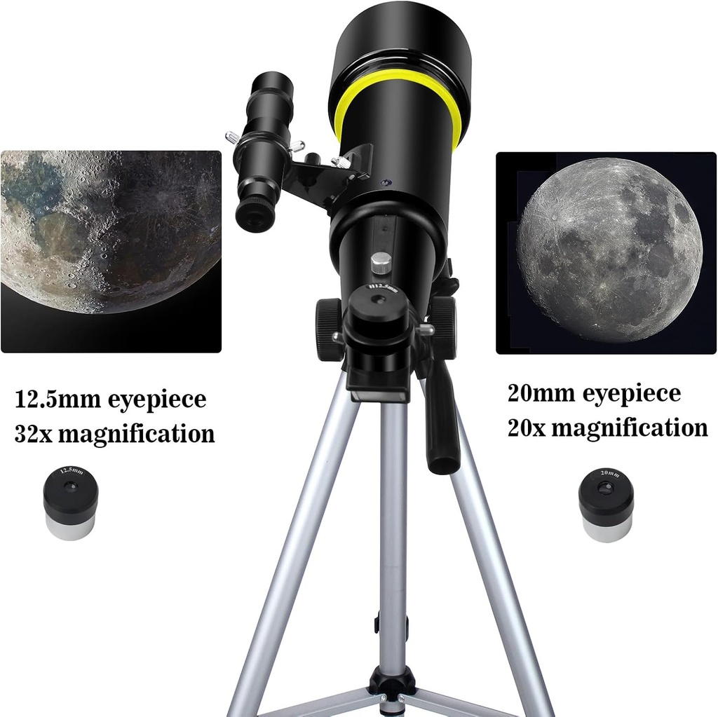 Telescopios, telescopio para niños y adultos principiantes, apertura de 70 mm, longitud focal de 400 mm, telescopio refractor de viaje con montaje AZ para observar la luna y el paisaje - Negro 