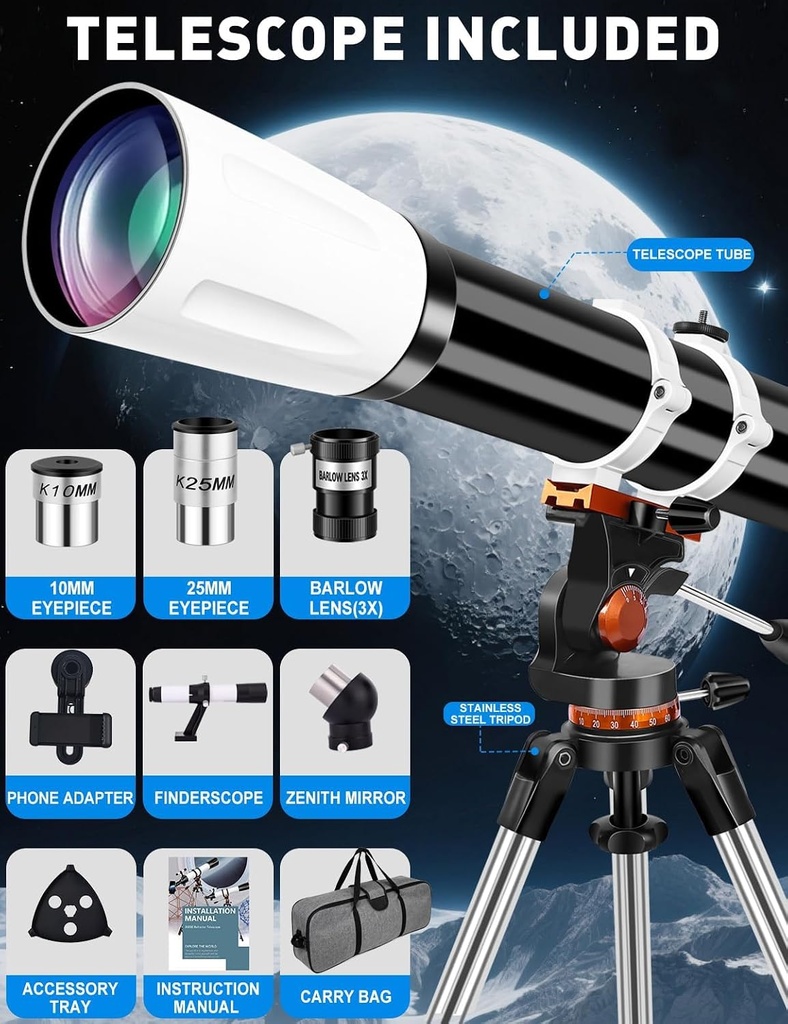 Telescopio para adultos de alta potencia de 3.543 in de apertura, 31.496 in, telescopios refractores para principiantes de astronomía con trípode de montaje AZ, adaptador de teléfono, bolsa de 