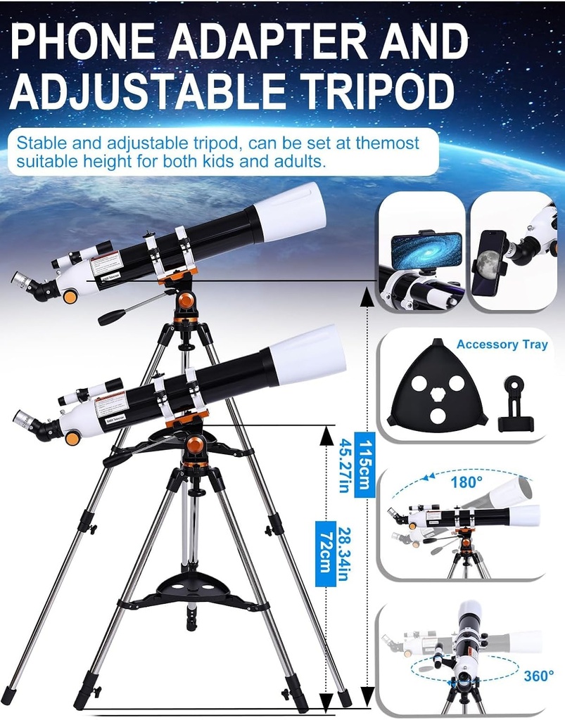 Telescopio para adultos de alta potencia de 3.543 in de apertura, 31.496 in, telescopios refractores para principiantes de astronomía con trípode de montaje AZ, adaptador de teléfono, bolsa de 