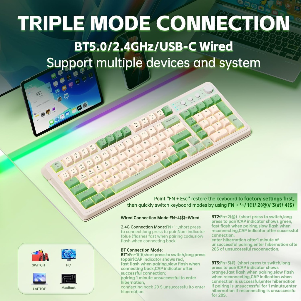 AULA Teclado Gaming S99, Teclados de Computadora Inalámbricos, Tri-Mode Bluetooth/2.4GHz/USB-C Teclado Cremoso Personalizado con Teclado Numérico, Perilla Multimedia con Retroiluminación RGB Teclado 