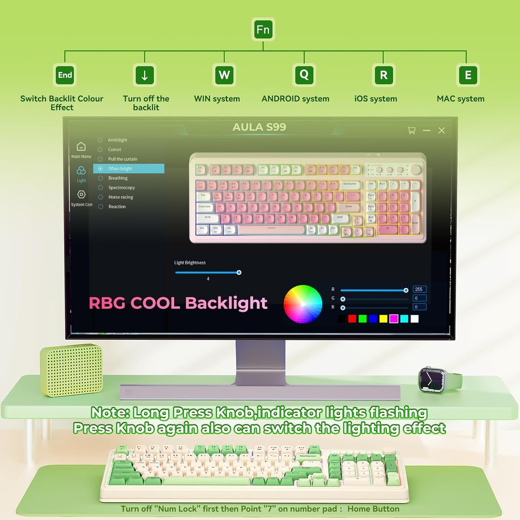 AULA Teclado Gaming S99, Teclados de Computadora Inalámbricos, Tri-Mode Bluetooth/2.4GHz/USB-C Teclado Cremoso Personalizado con Teclado Numérico, Perilla Multimedia con Retroiluminación RGB Teclado 