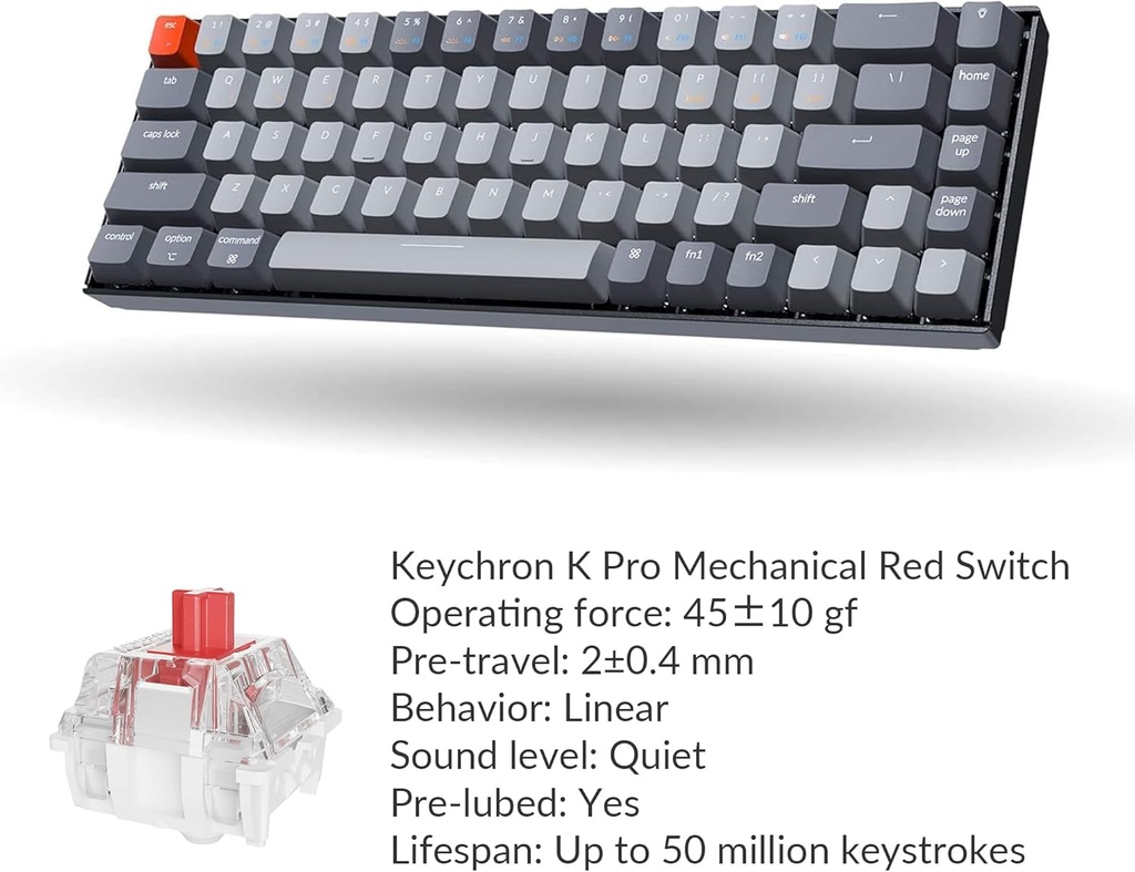 Keychron Teclado mecánico inalámbrico K6 Bluetooth 5.1 con interruptor rojo Keychron K Pro, retroiluminación LED, batería recargable, teclado compacto de 68 teclas compatible con Mac Windows