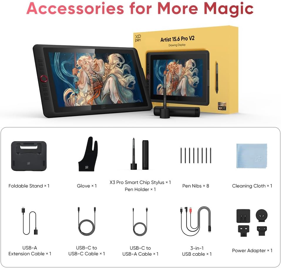 XPPen Artist 15.6 Pro V2 Tableta de Dibujo con Pantalla, Lápiz Digital de Presión 16K, Tableta de Arte Digital con Vidrio Antirreflejos Completamente Laminado, Soporte Ajustable, 8 Teclas de Acceso