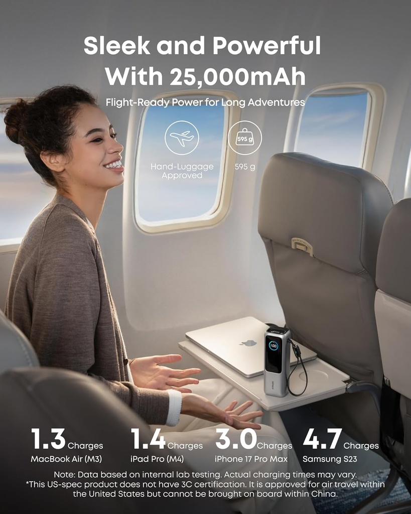 Anker - Batería portátil para laptop de 25,000 mAh con tres puertos USB-C de 100 W, cables retráctiles incorporados, aprobado para vuelos, para iPhone serie 17/16, MacBook, Samsung y más 